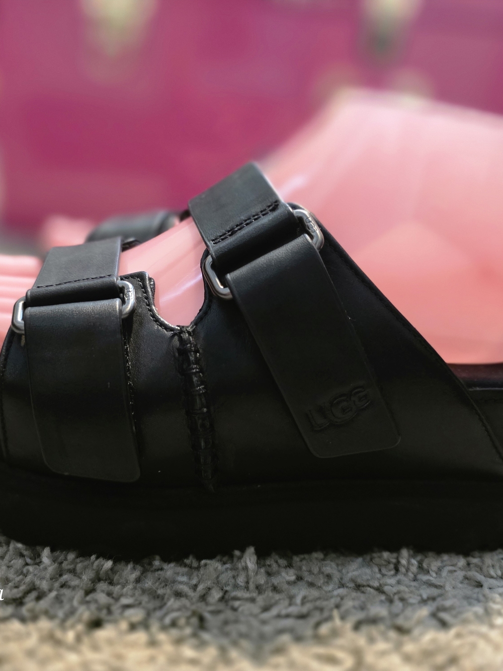 UGG Black Leather Double-Strap Platform Slide Sandal